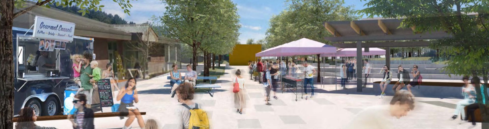Design rendering of town square featuring market set up