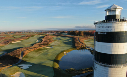 Aerial view of Friday Harbour golf course and water tower