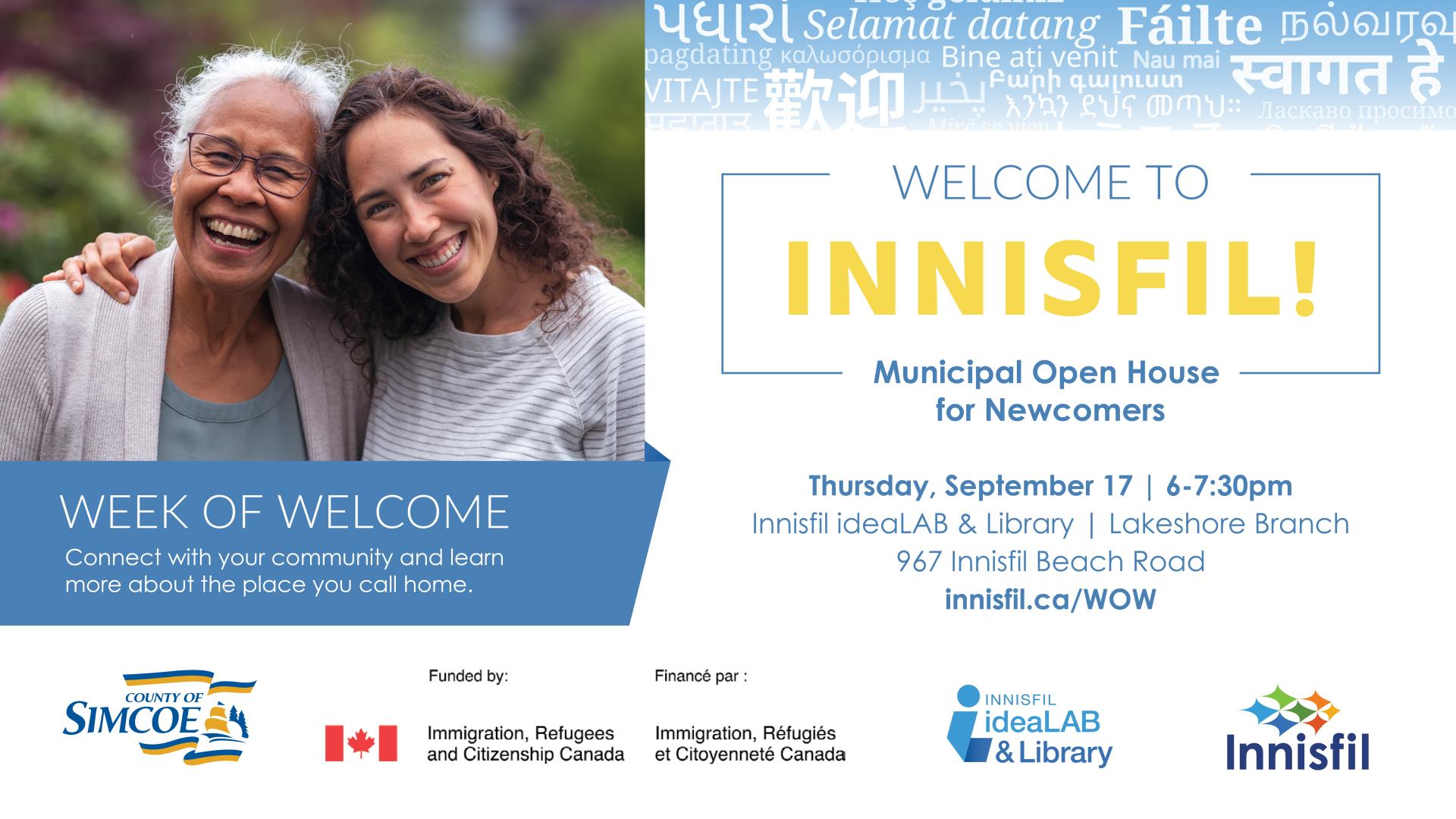 Adult daughter and mother newcomer pair and reads "Welcome to Innisfil! Municipal Open House for Newcomers"
