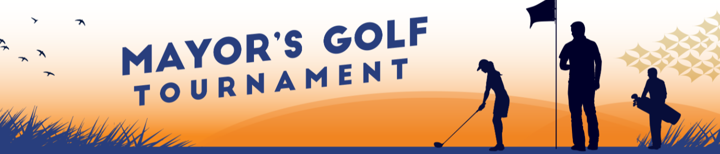 silhouette of golfers with text saying mayor's golf tournament