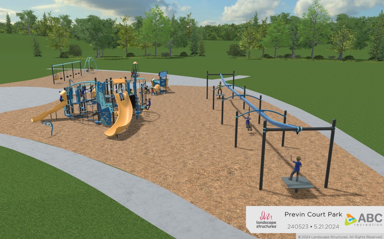 Playground concept with playground equipment, swings, a zipline, and spinner