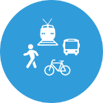 Icon of modes of transportation including bicycle, bus, and walking