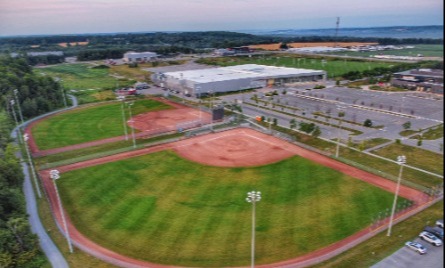 Aerial view of sports fields and buildings