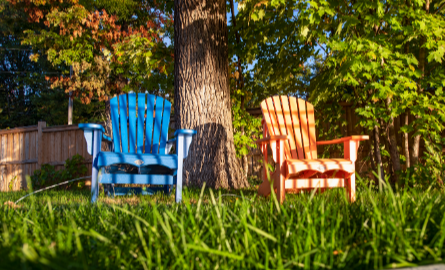 Two muskoka chairs in park