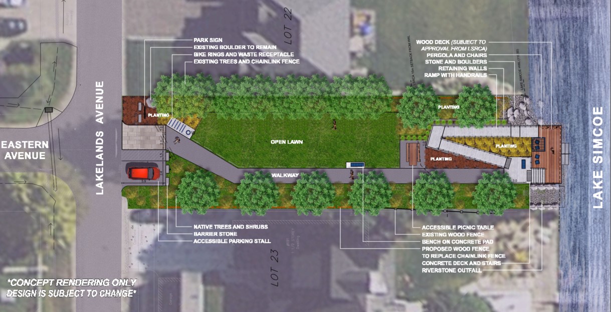 Park Rendering that shows, trail, dock, and seating area 