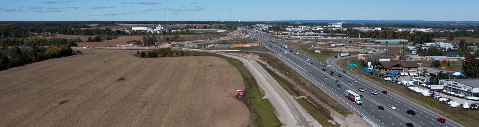 Drone image overlooking Innisfil Heights Emloyment Area along Hwy 400