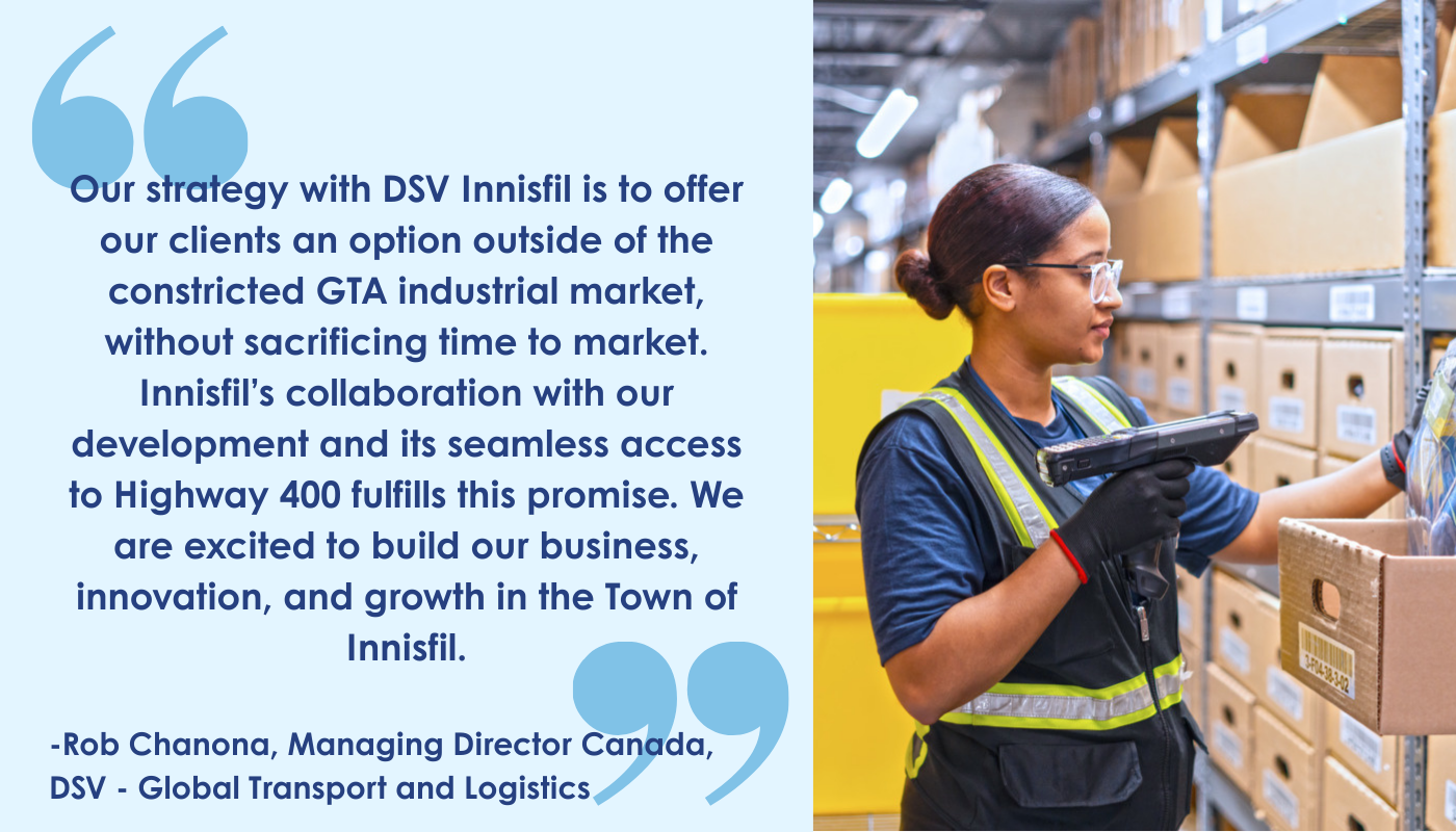 Quote from DSV Global Transport and Logistics alongside image of their staff working at their new Innisfil facility