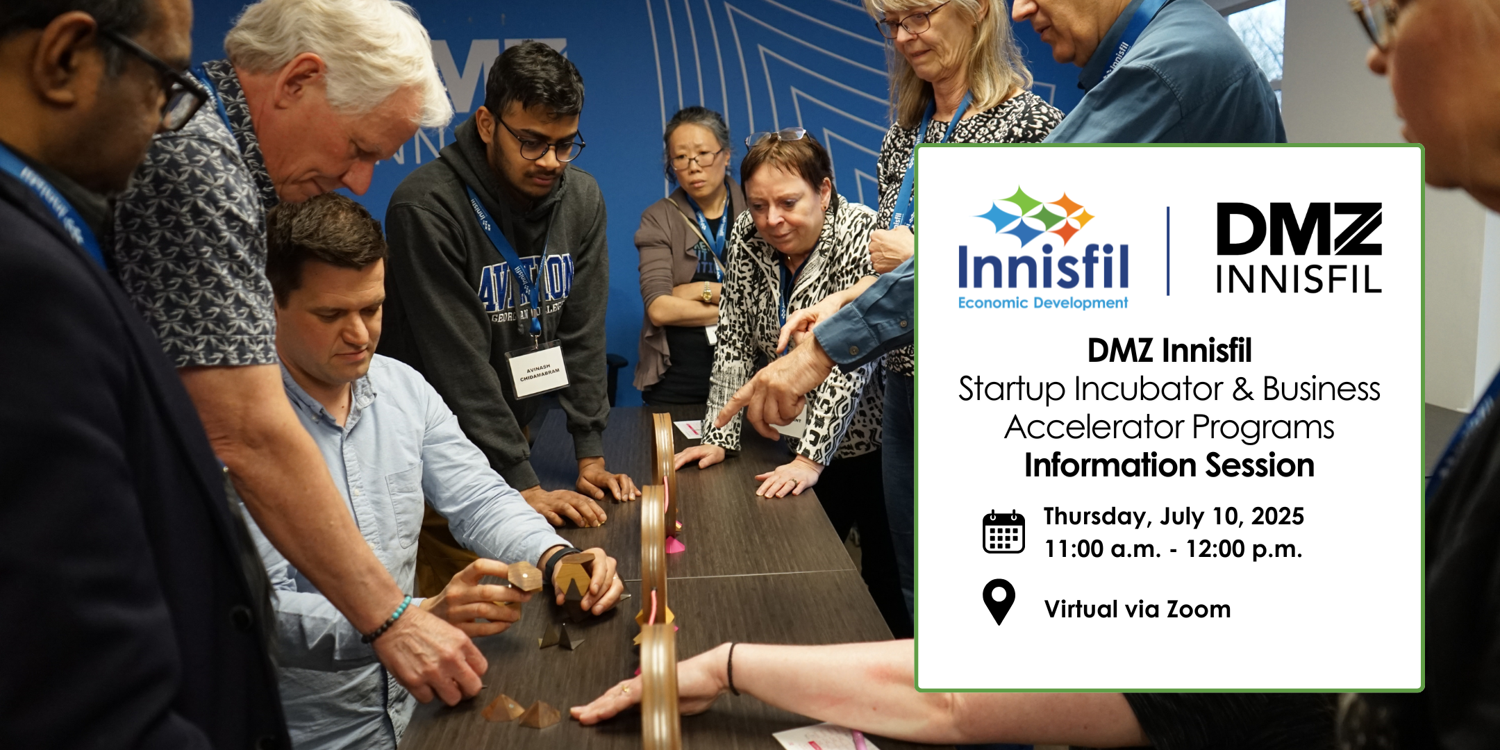 Poster for DMZ Innisfil Programs Information Session on July 10 at 11:00 a.m.