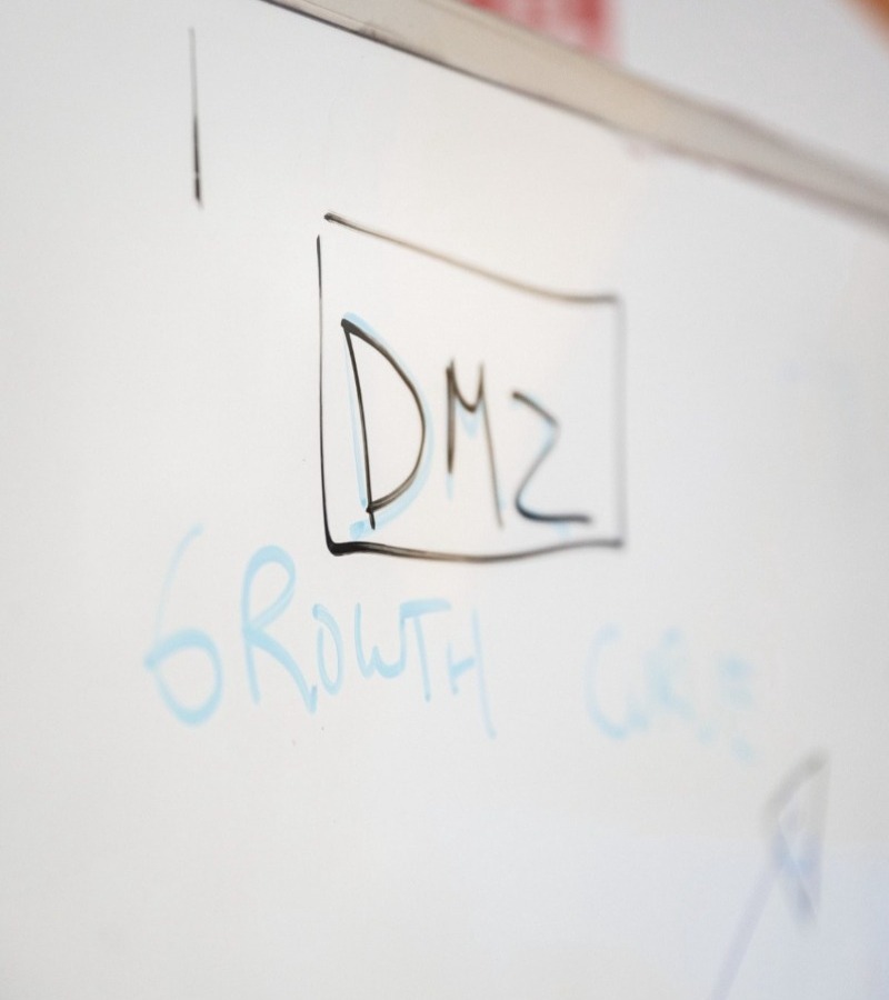 Whiteboard with the words DMZ on it