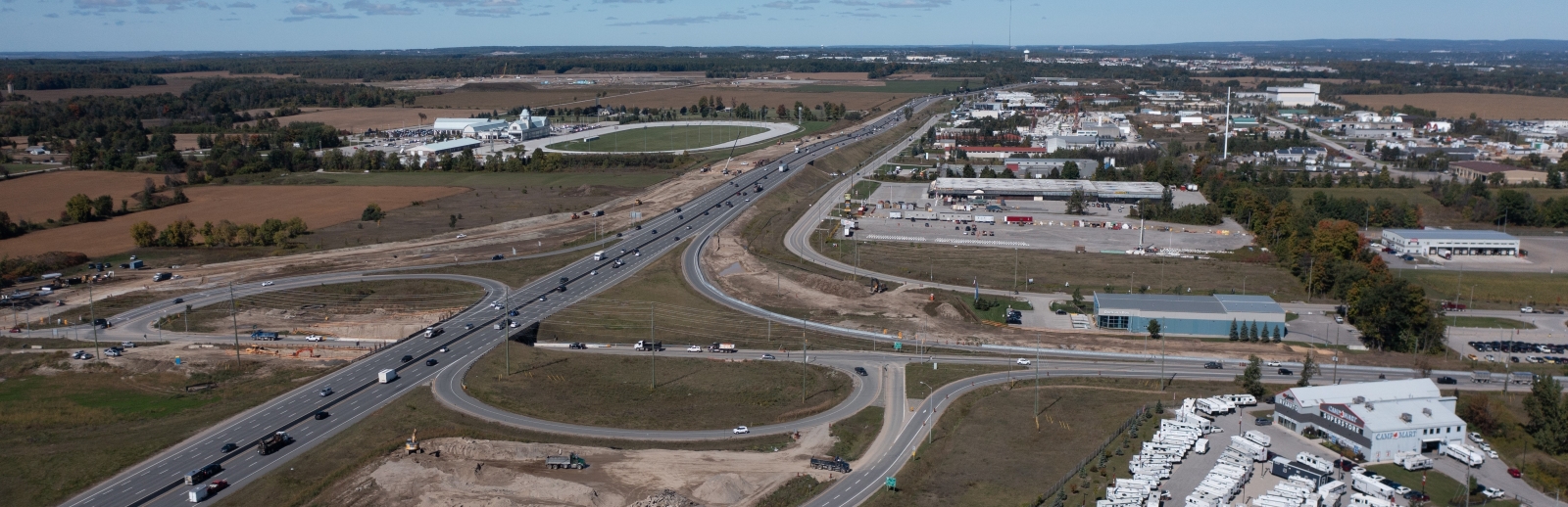 Aerial view of industrial park off highway in Innisfil