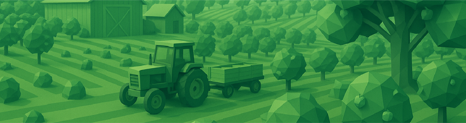 Cartoon image of crops growing and a tractor driving through the land.
