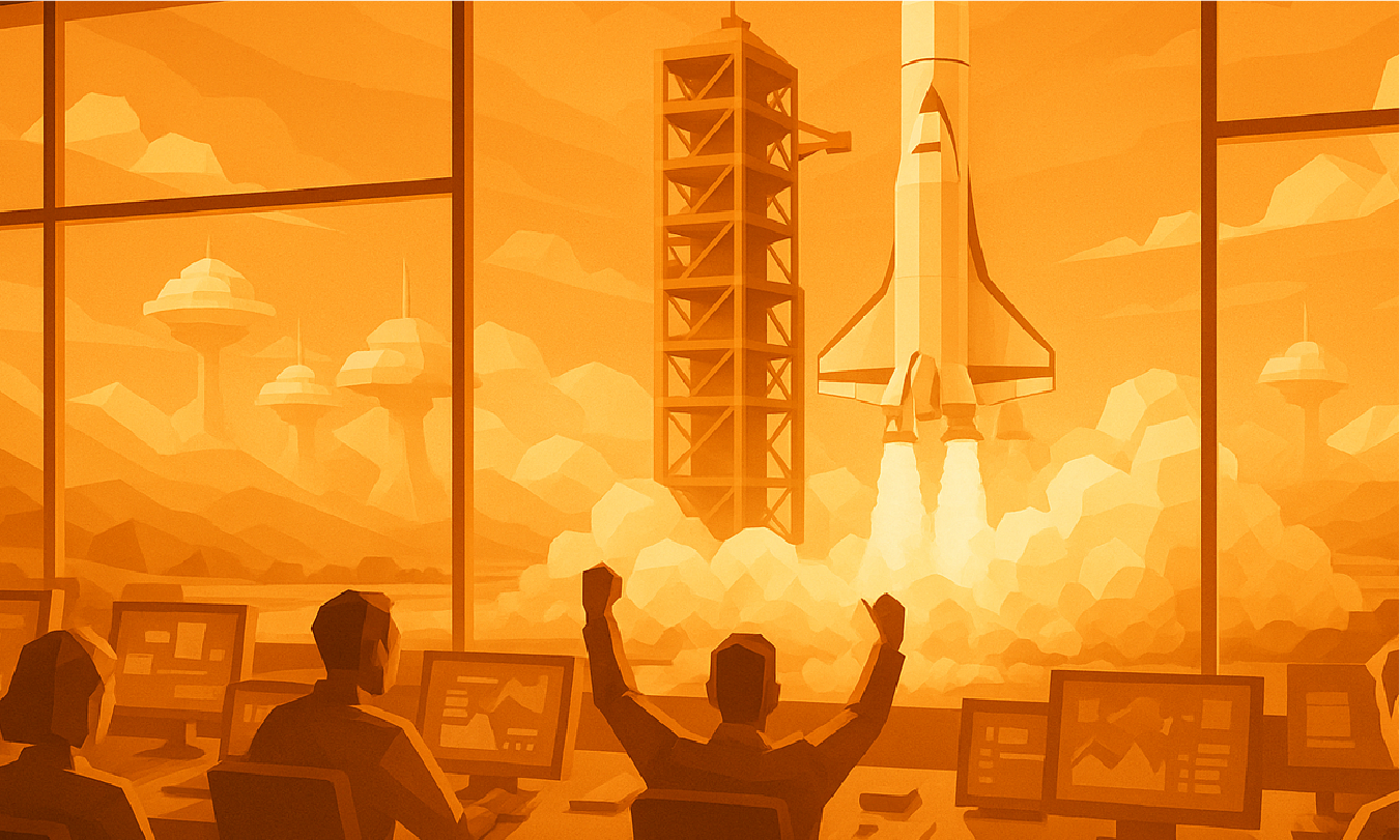 Image of a rocket ship launching with the crowd cheering.