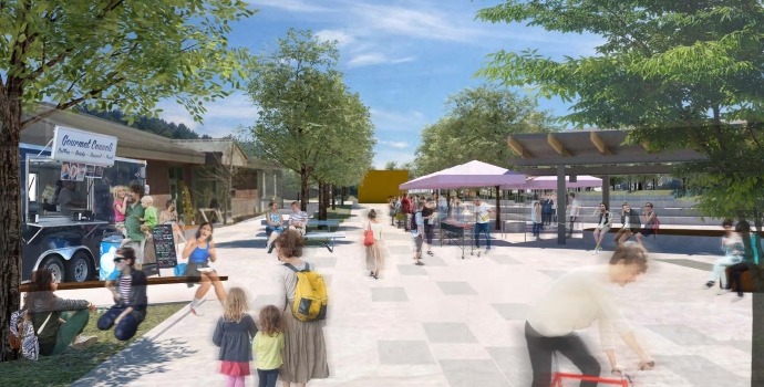 Design schematic of Innisfil Town Square that features park and market spaces with people