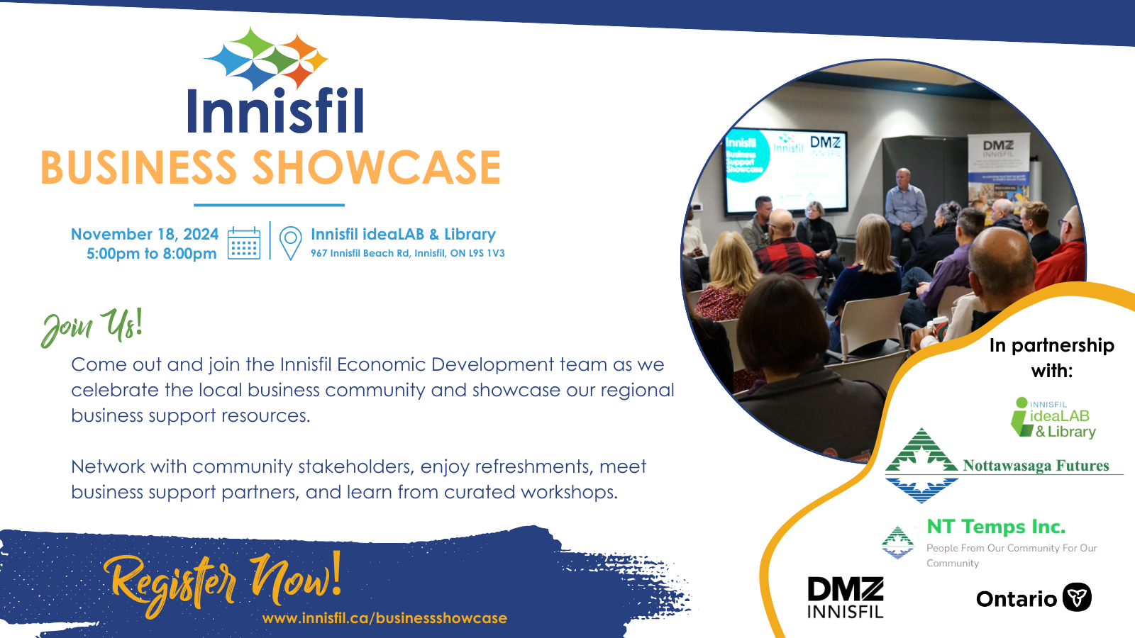 The Innisfil Business Showcase will feature a networking and business support open house and educational speakers and will take place on November 18, 2024 at the Innisfil ideaLAB & Library. 