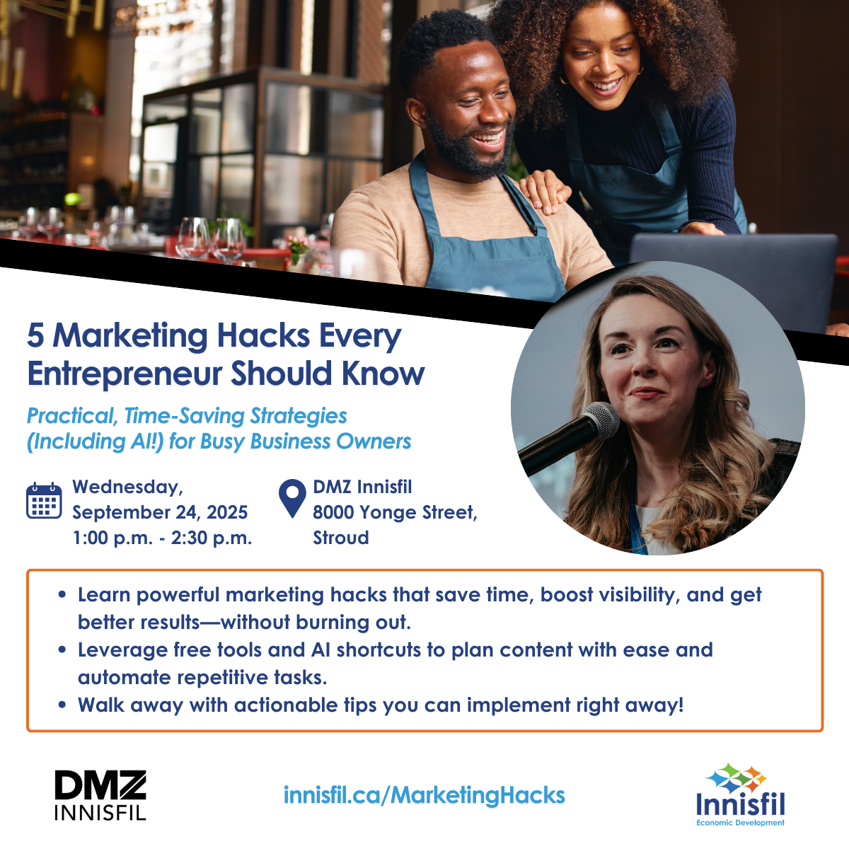 Poster for DMZ Innisfil All Access Workshop on Marketing Hacks for Business Owners