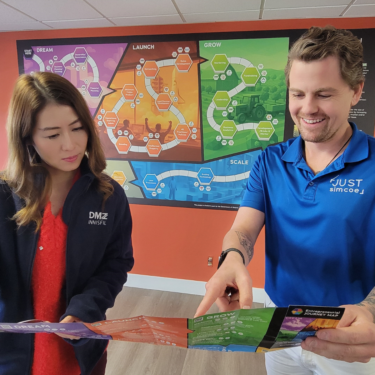 DMZ Innisfil graduates, Jennifer Ai (left) and Andrew de Jong (right) explore the new Entrepreneurial Journey Map, a tool designed to connect founders with local business support. 