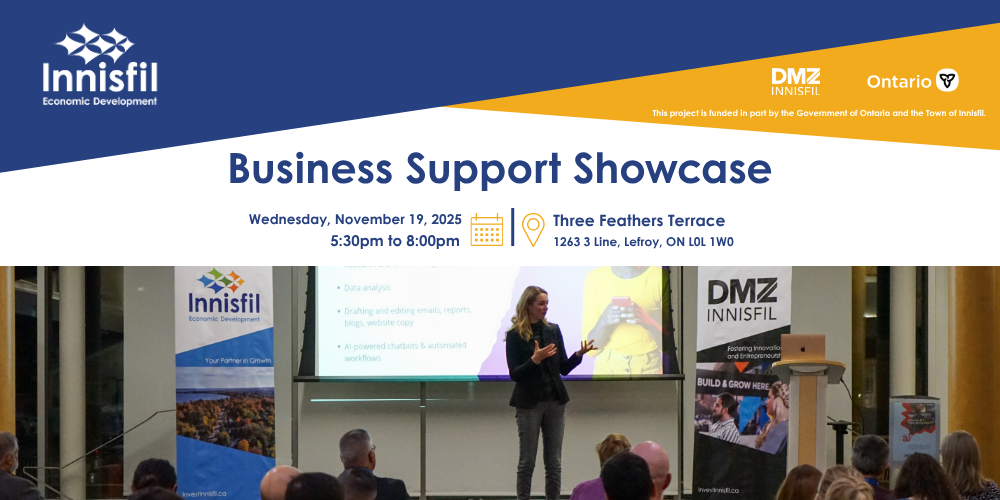 Poster for the Innisfil Business Support Showcase event happening on November 19 from 5:30pm to 8pm at Three Feathers Terrace gathering local business owners and entrepreneurs for an evening of networking and an educational workshop.