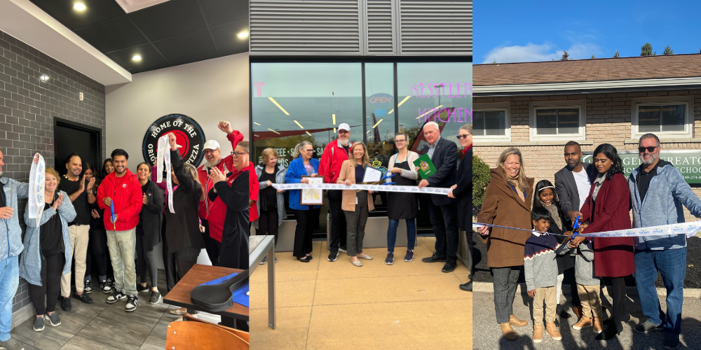 Image from three recent grand opening events in Innisfil picturing each business owner alongside council at the ribbon cutting ceremonies