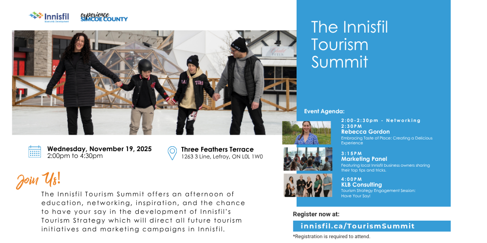 Poster promoting the upcoming Innisfil Tourism Summit happening on November 19 from 2pm to 4:30pm at Three Feather Terrace gathering local tourism operators for an afternoon of networking and educational workshops.