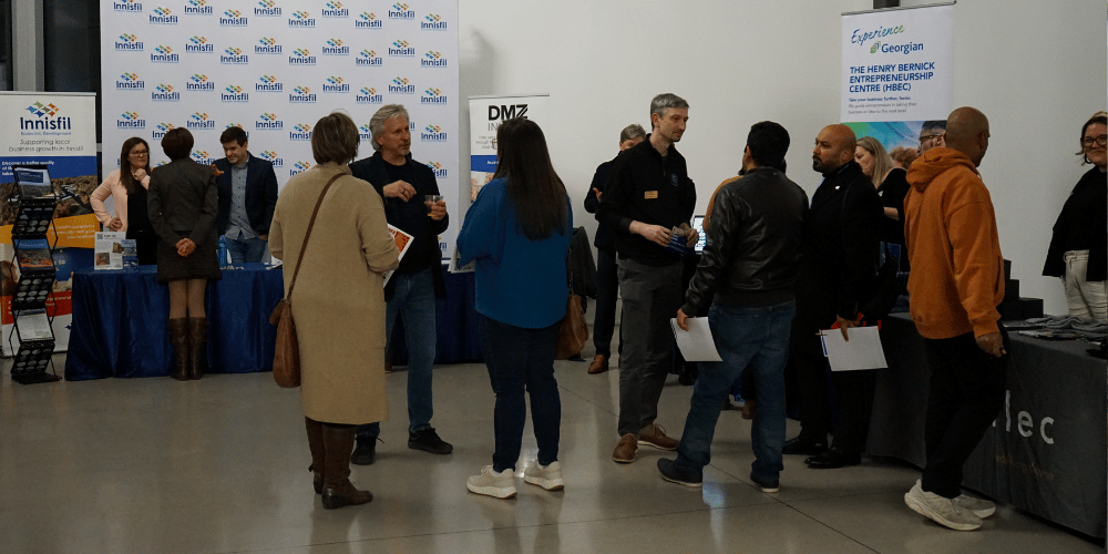 Founders networking and learning about regional supports available to them at the recent Innisfil Business Support Showcase event.