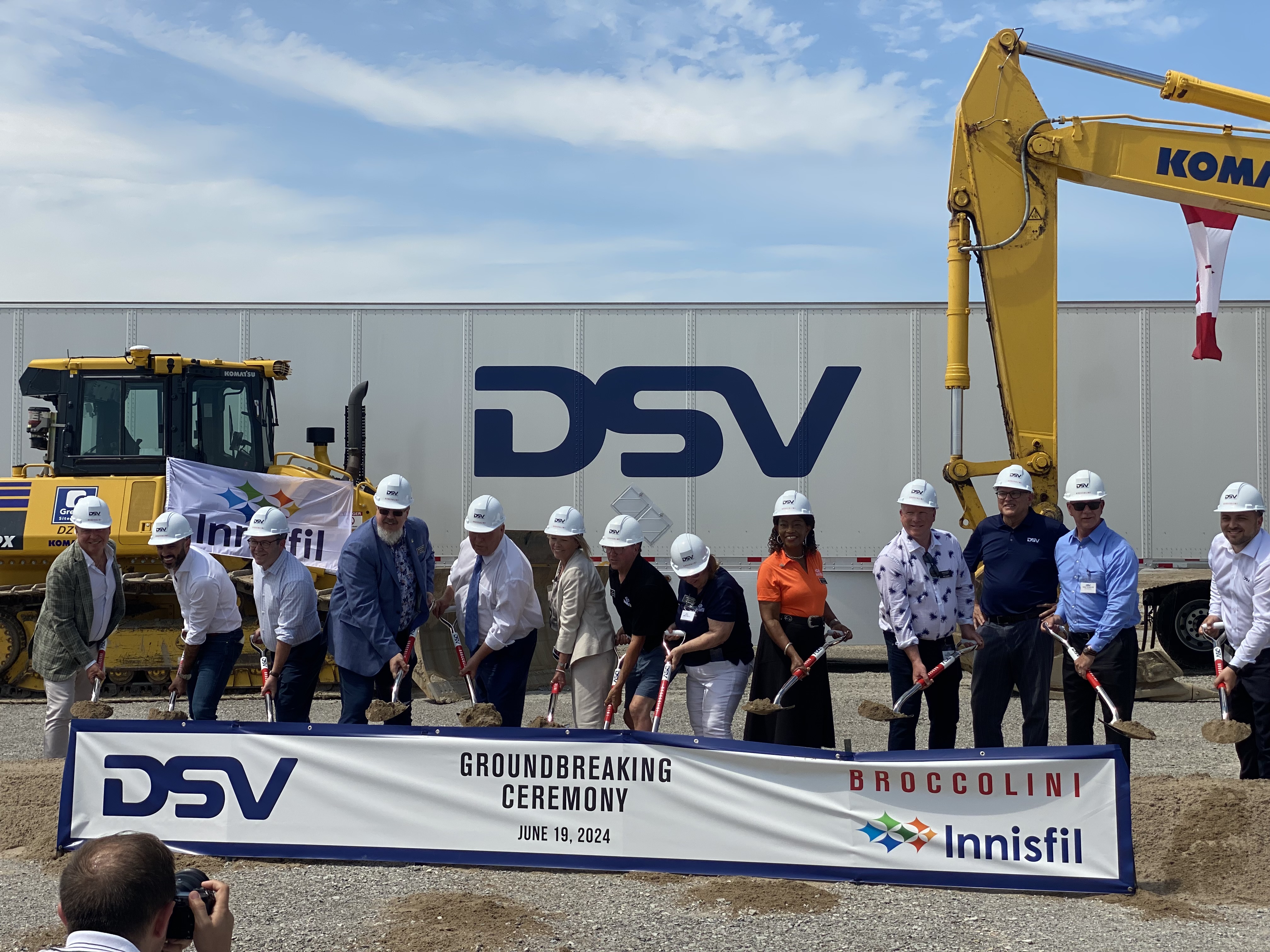 Ontario Premier Doug Ford, along with Innisfil Mayor Lynn Dollin, Deputy Mayor Kenneth Fowler, Innisfil Council, and associates from Broccolini and DSV - Global Transport and Logistics participate in the ground breaking for DSV's newest state-of-the-art warehousing facility in Innisfil Heights Employment Area