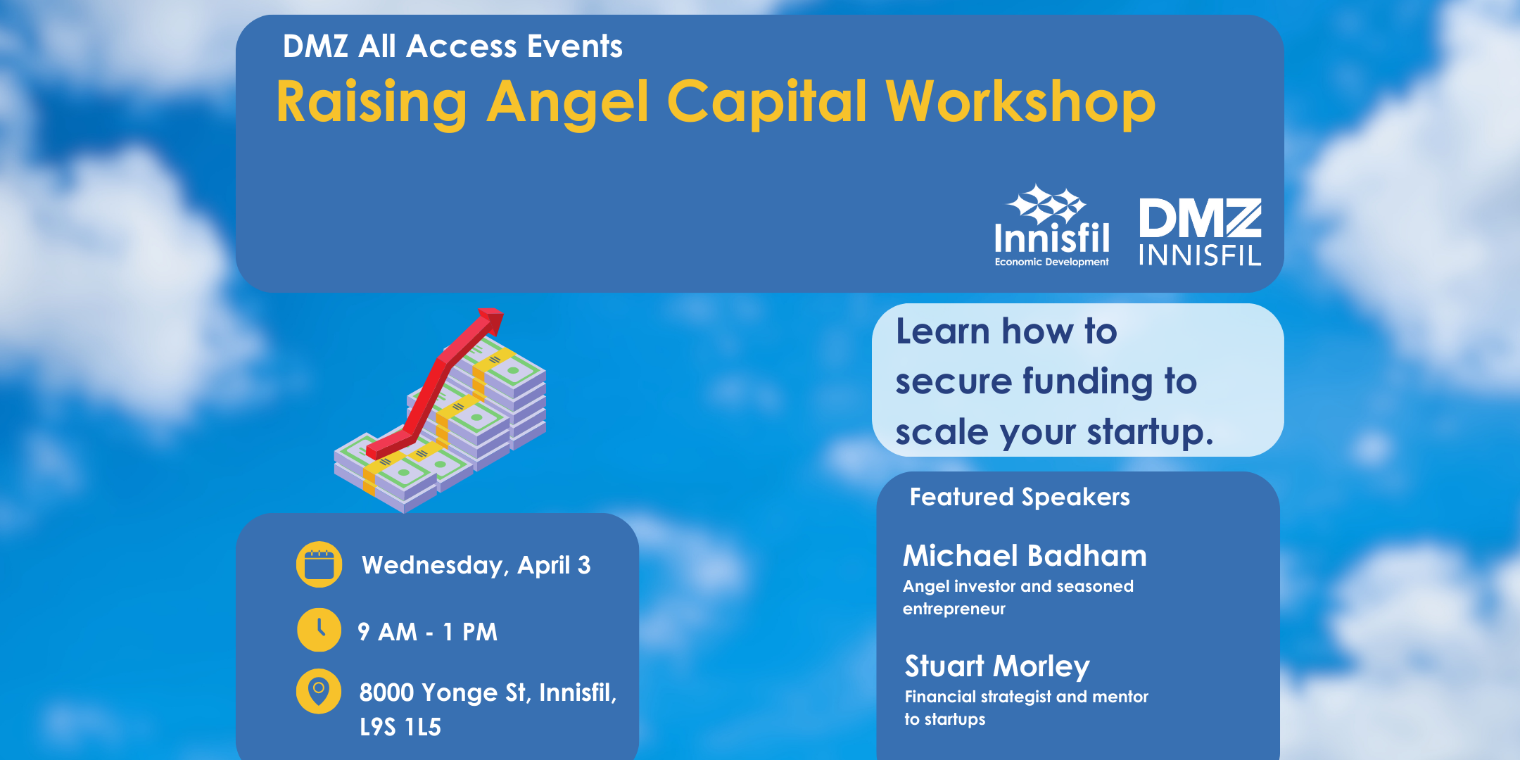 A poster for Raising Angel Capital Workshop - DMZ Innisfil All Access Events