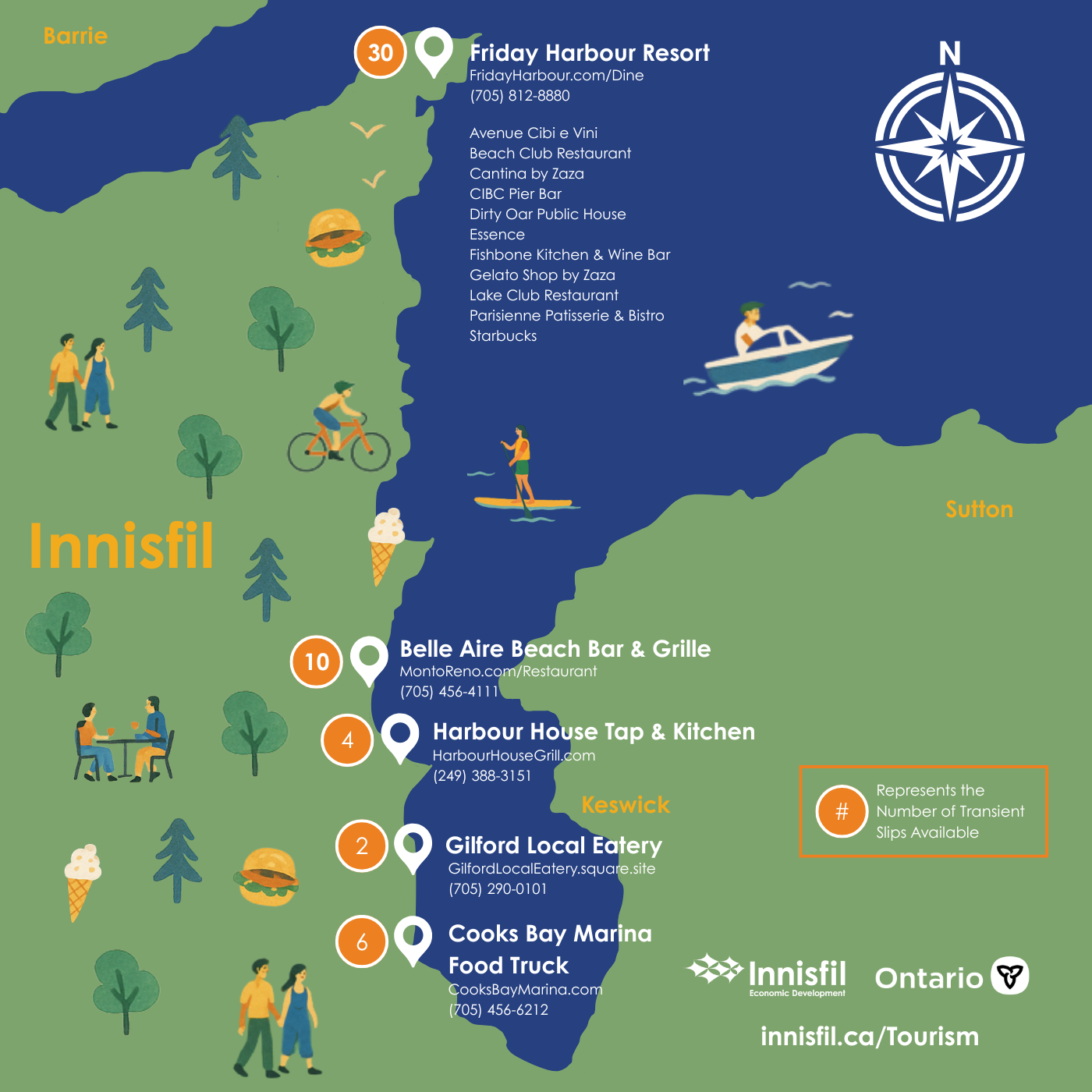 Illustrated map highlighting waterfront restaurants along Lake Simcoe in Innisfil, featuring icons for dining locations, marina docks, and scenic shoreline views.