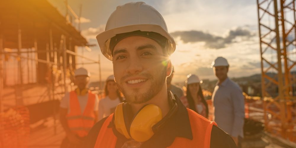 Happy construction working standing in front of building