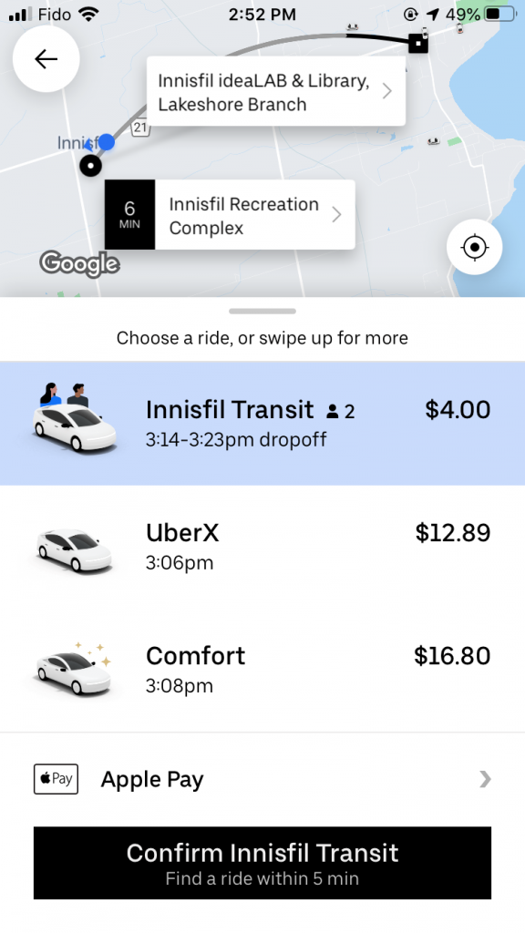 Screenshot of using Innisfil Transit in Uber app