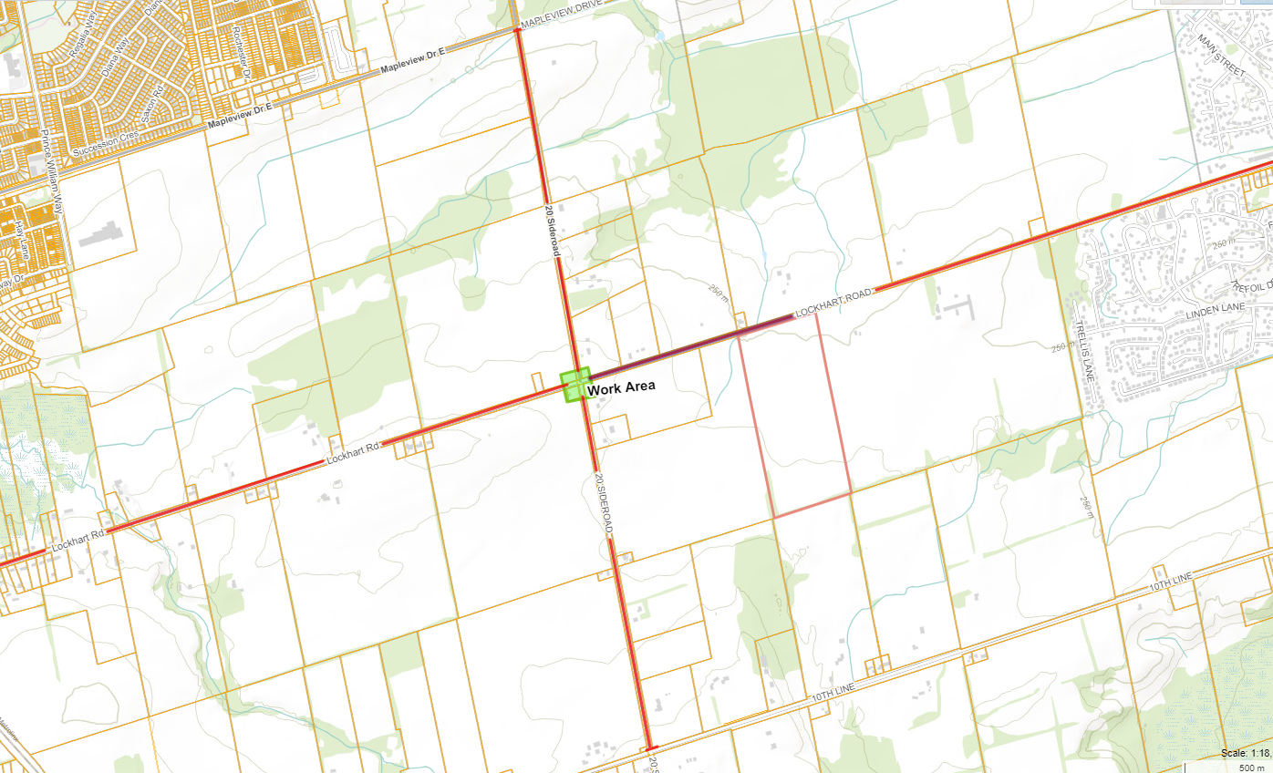 Map of road closure on 20th Sideroad and Lockhart Road