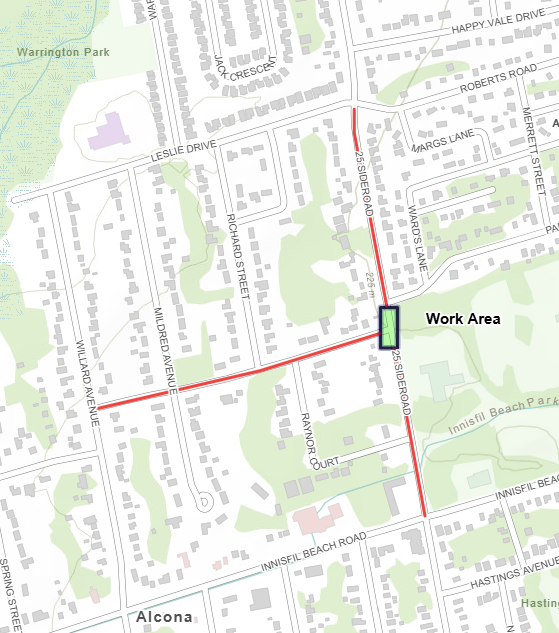 Road closure map of 25th Sideroad