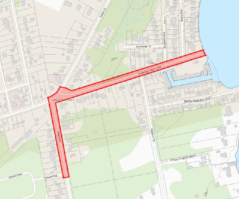 Map showing extent of storm drainage and road works along Killarney Beach Road and Pine Avenue