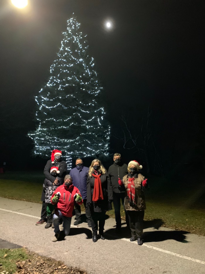 People in front of tree with lights