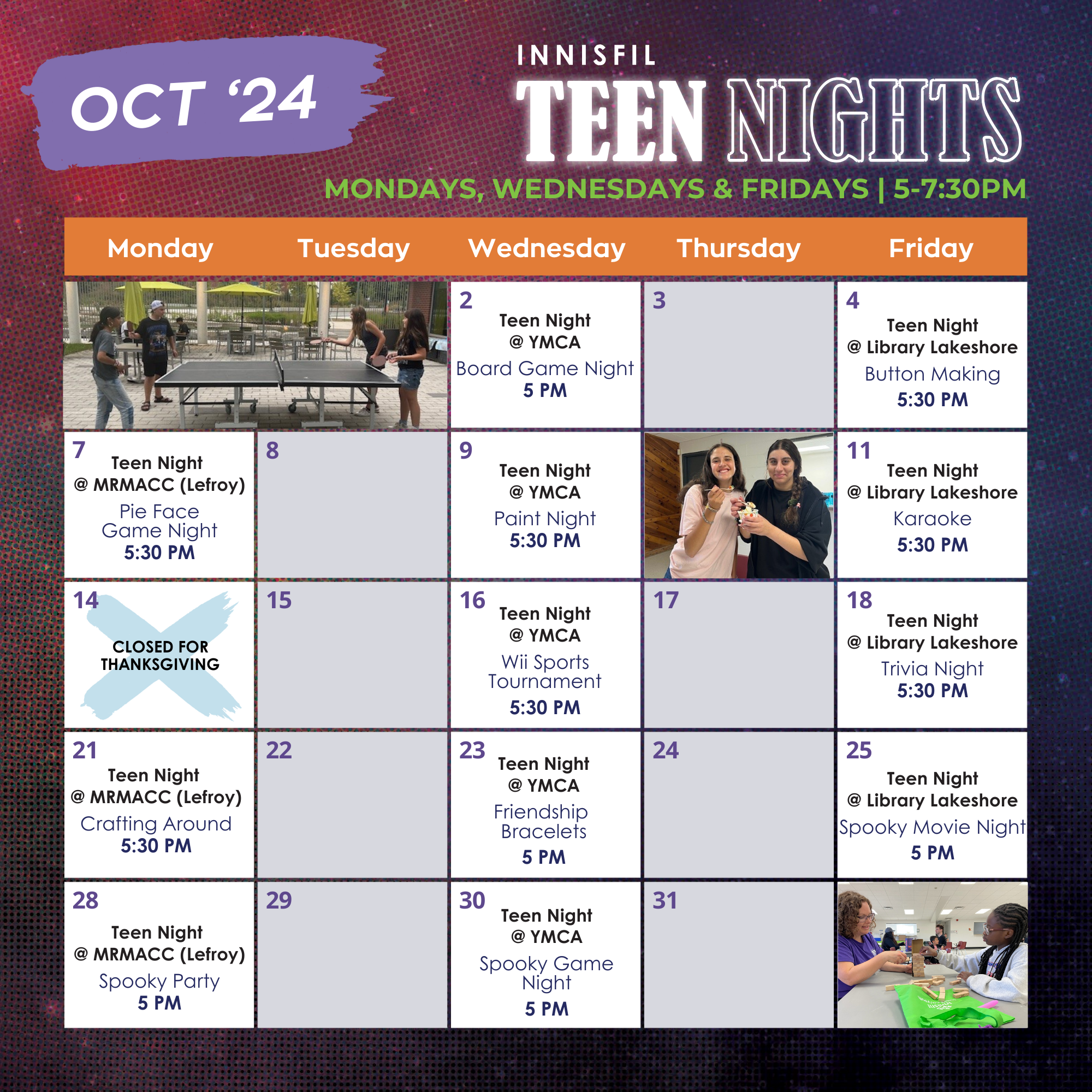 Teen Nights October calendar