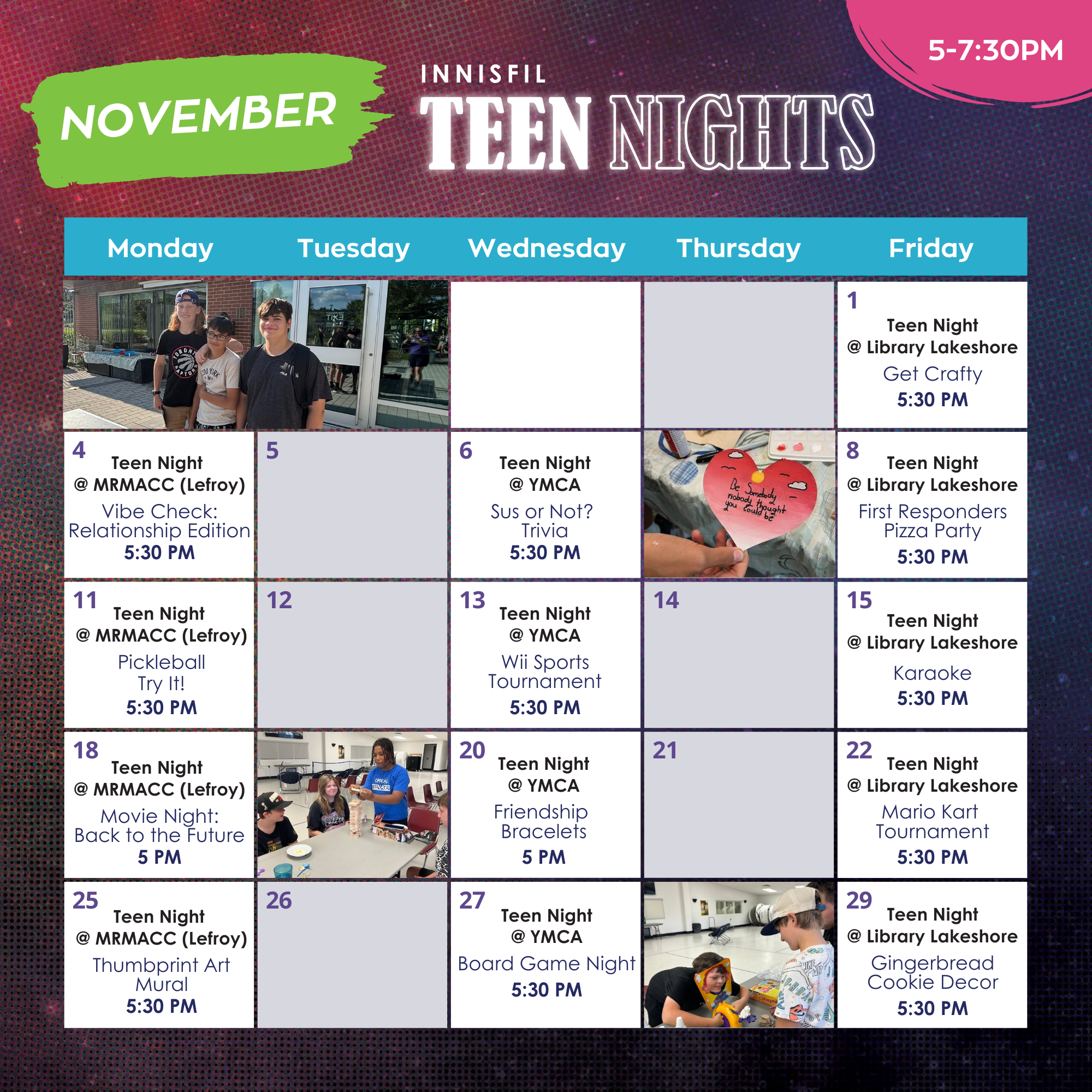 November Teen Nights Calendar