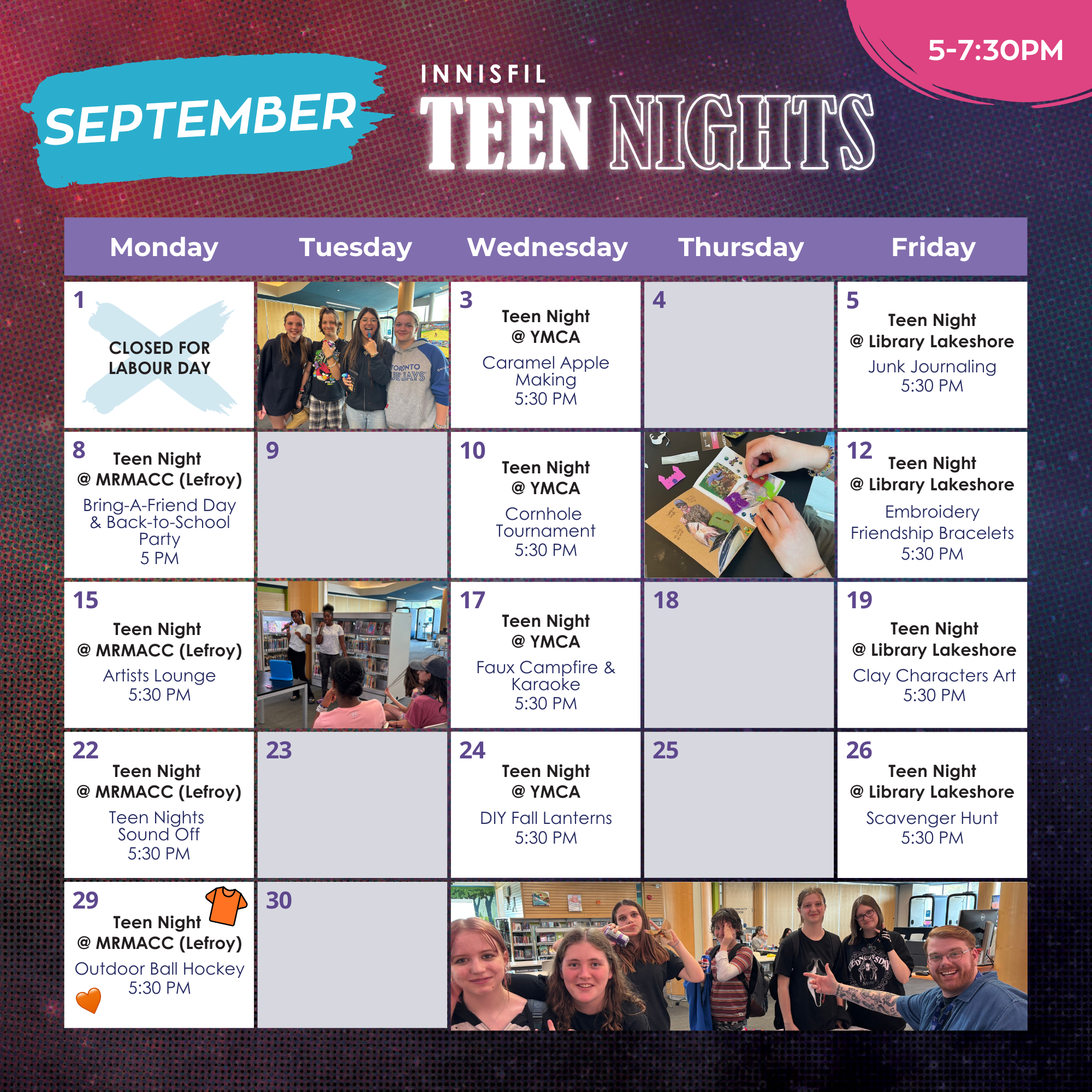 September Teen Nights calendar