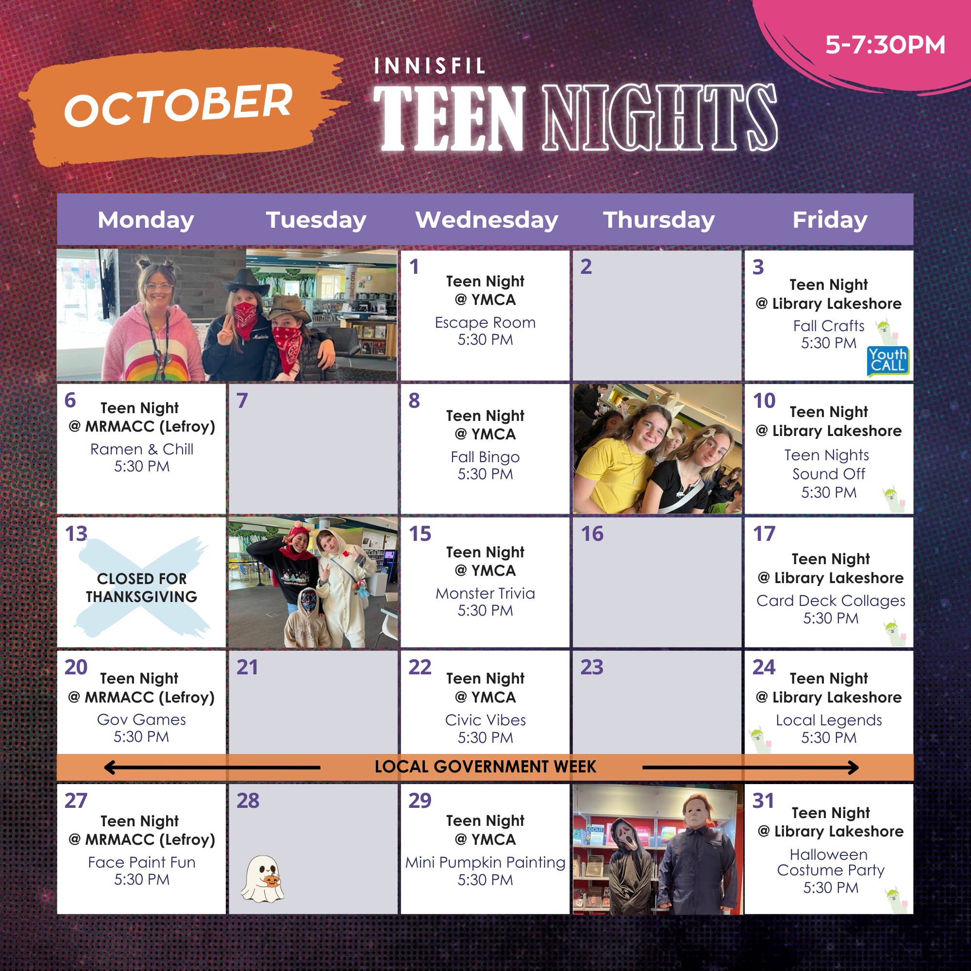 October Teen Nights calendar