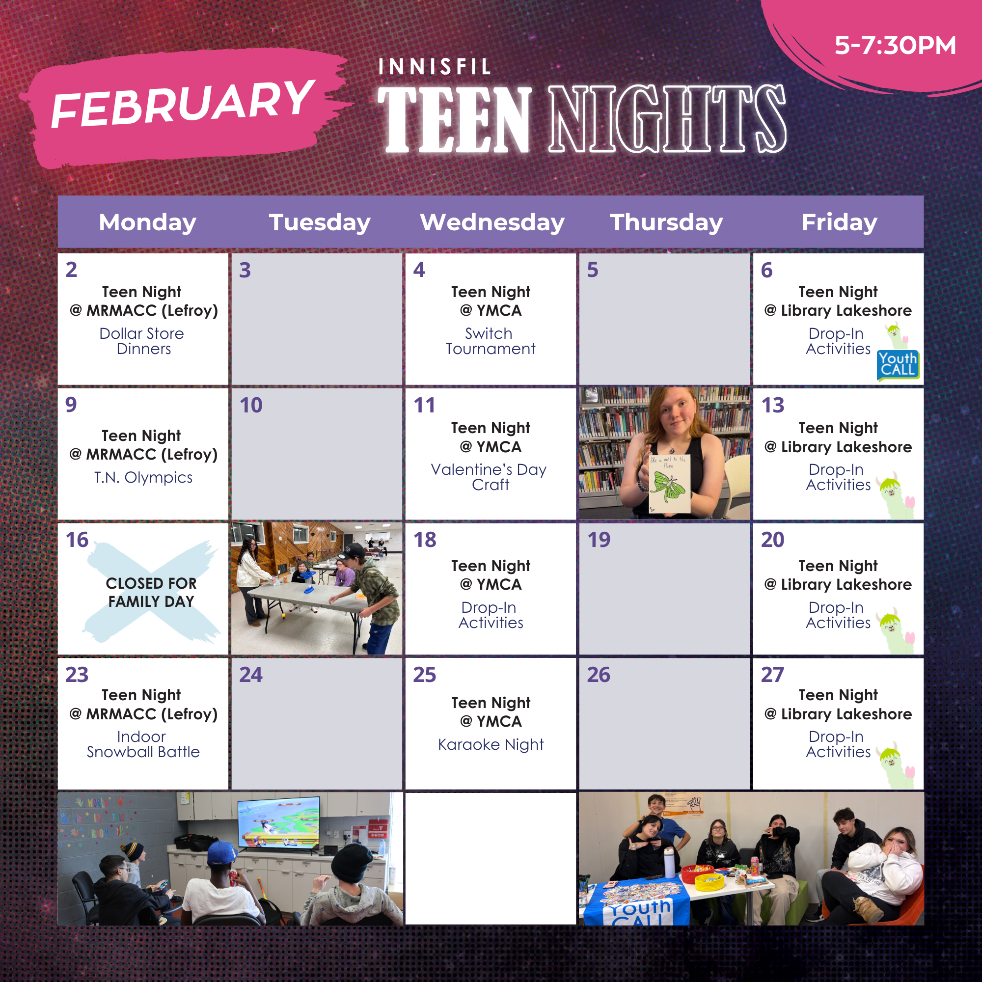 Teen Nights February calendar of activities