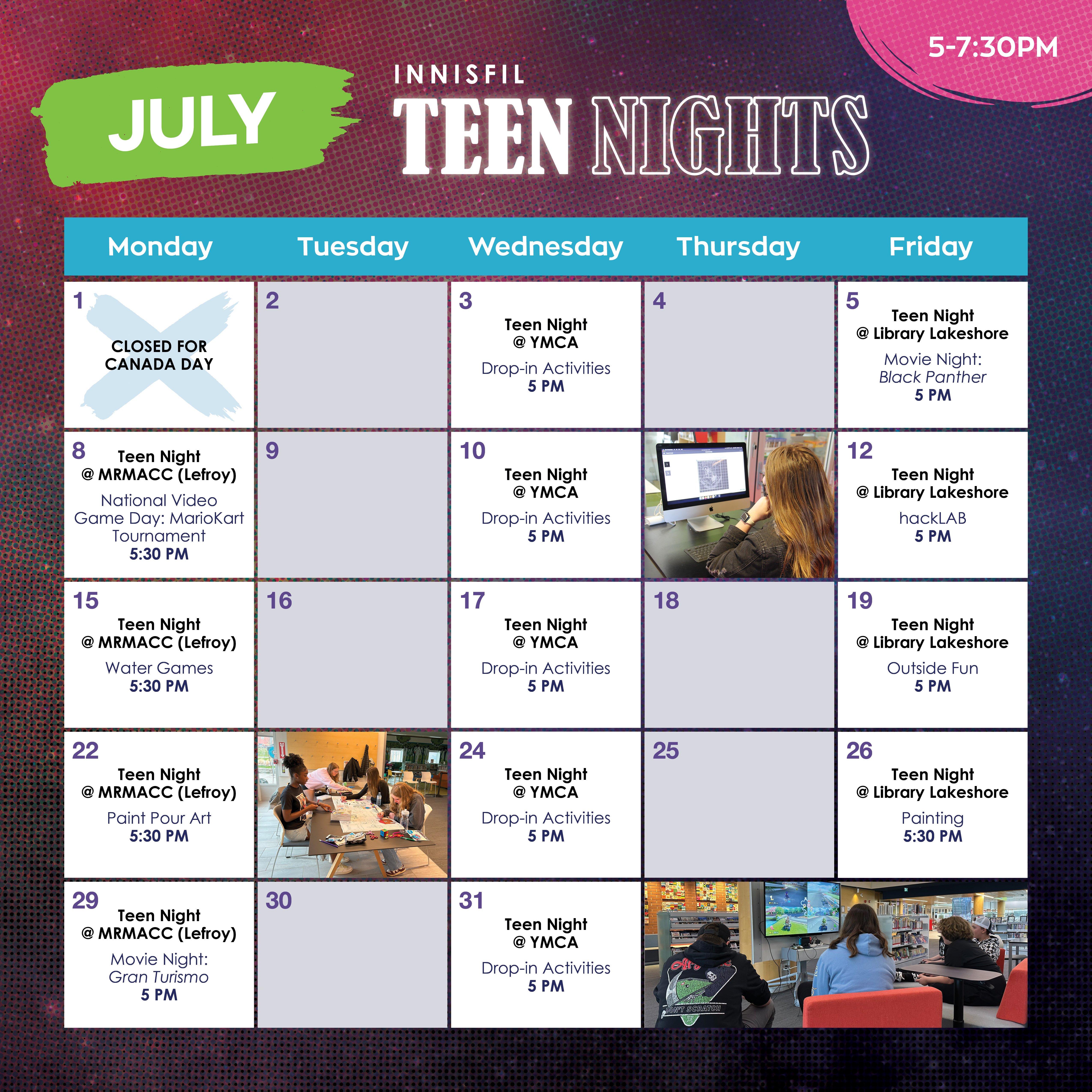 Calendar of Teen Nights activities in July