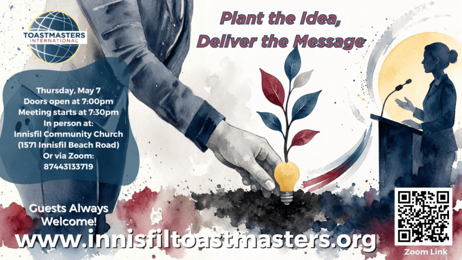 Toastmasters event on May 7 at 7 pm at Innisfil Community Church