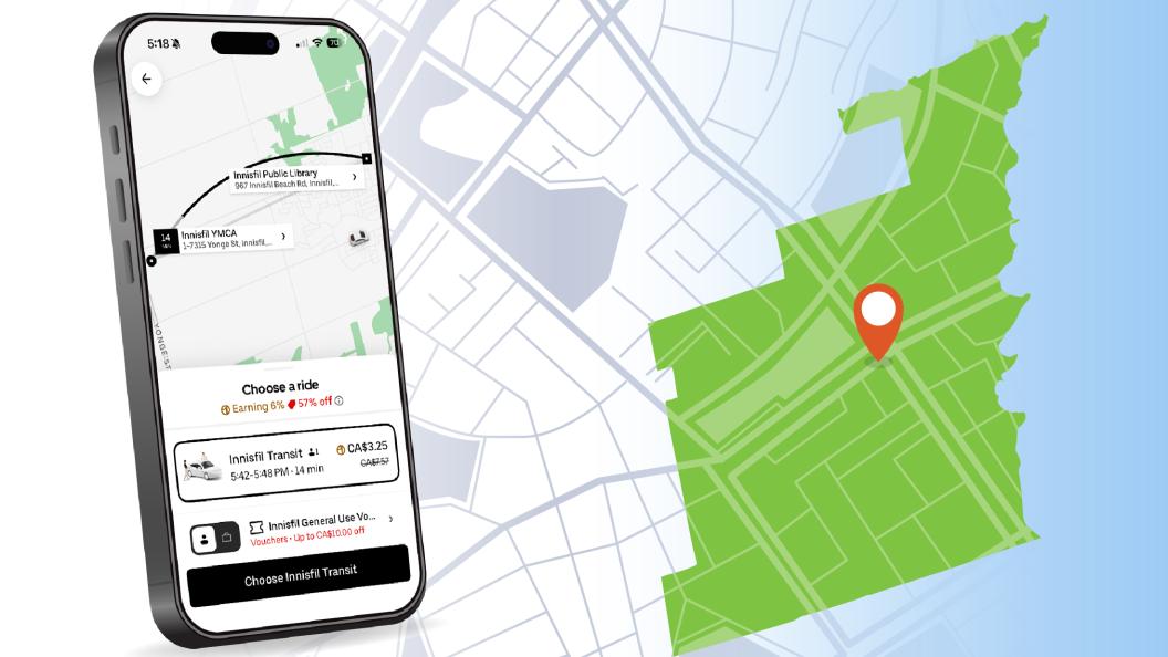 Uber trip information on a cellphone next to the outline of Innisfil