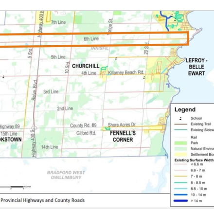 Map of Innisfil's transportation network, with 6th Line highlighted