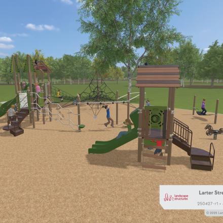 A rendering of a playground with slides, ropes course, climbing features, and more