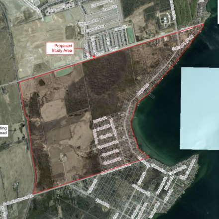 Arial map of the proposed study area between 6th Line, Belle Aire Beach Roade, the rail line and the Lake Simcoe shoreline.