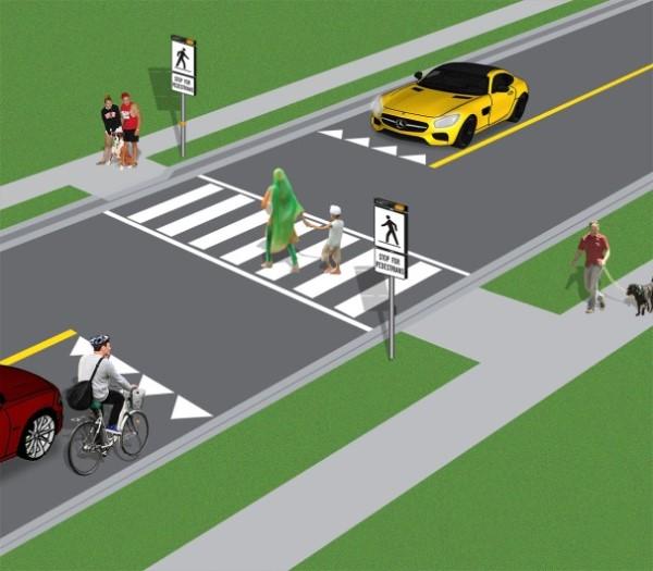 Pedestrian crossover with pavement markings and signs