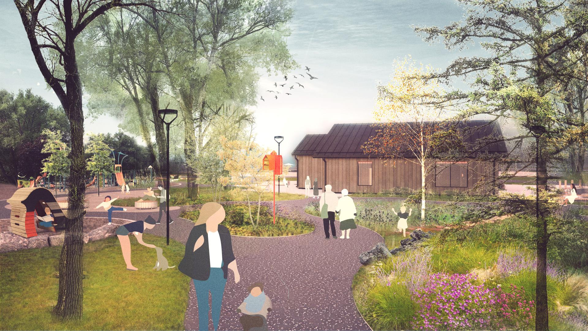 Rendering of a walkway with pollinator garden, trees, seating, and playgrounds nearby