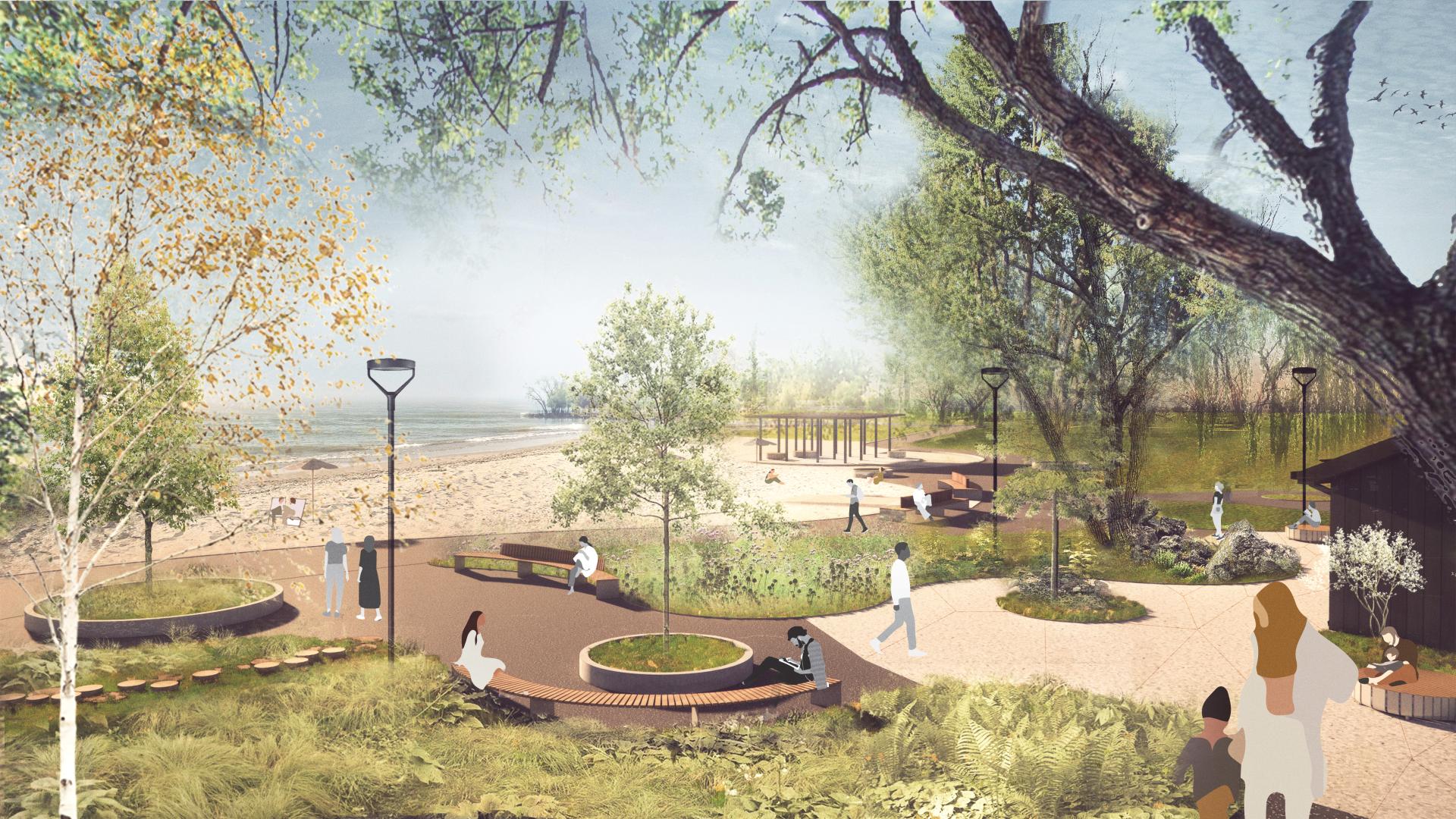 Rendering of a beach with a nearby walkway and seating at Innisfil Beach Park