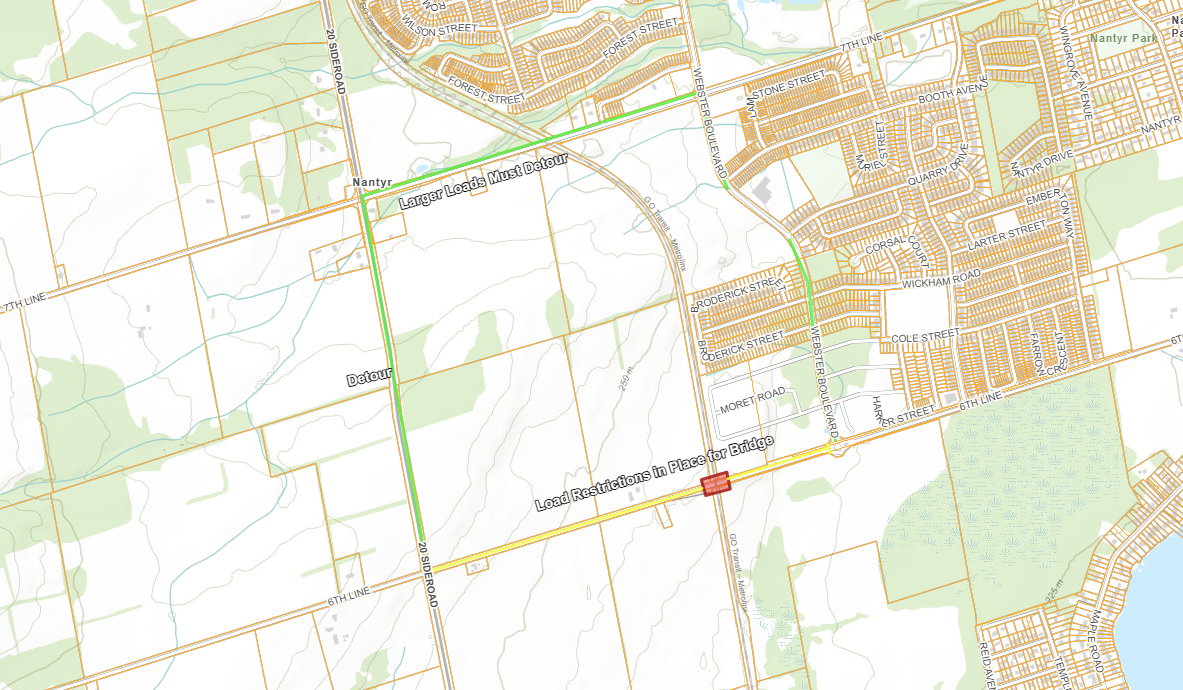 Map showing 6th Line road restrictions for weight of vehicle